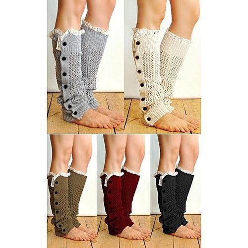 Winter Women's Open Weave Button Leg Warmer Boot Socks (Khaki)