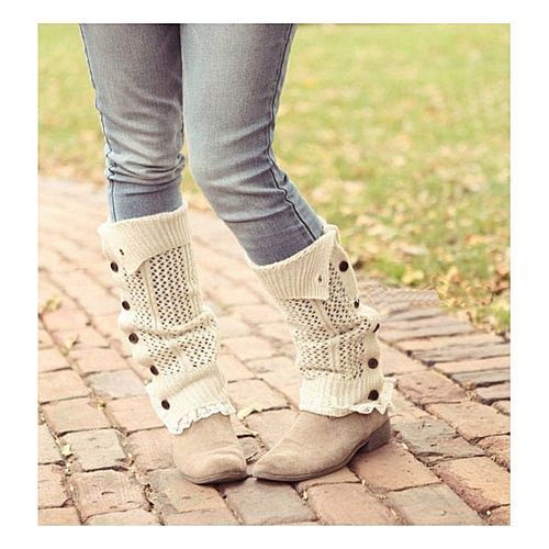 Winter Women's Open Weave Button Leg Warmer Boot Socks (Khaki)