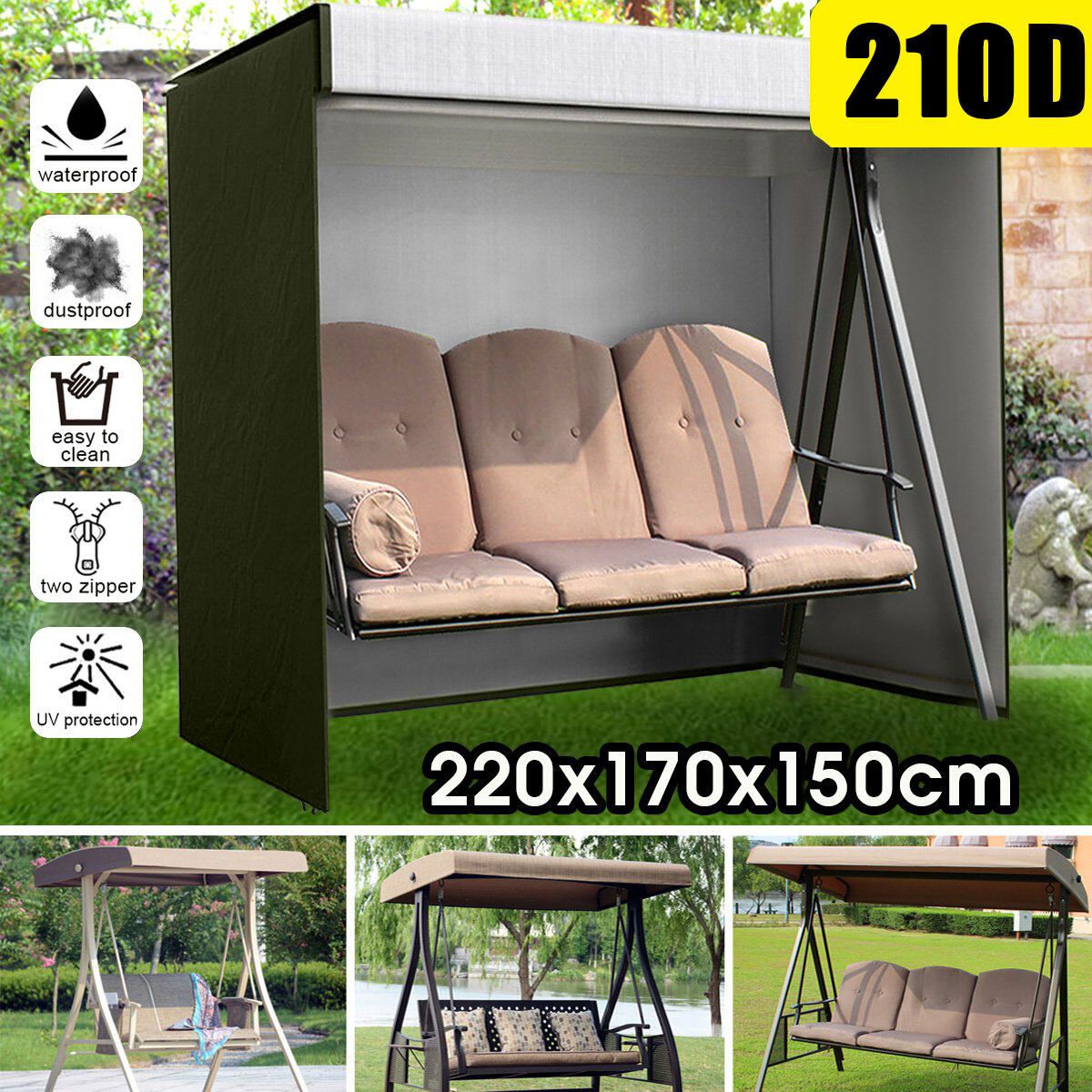 3 Seater Green Swing Chair Hammock Seat Cover Waterproof Garden Patio Outdoor