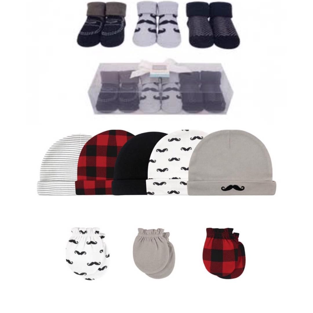 Baby Boy Caps, Scratch Mittens And Shoe Socks Set