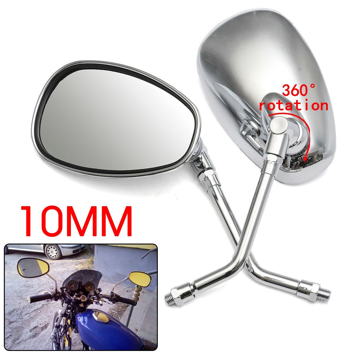 1 Pair 10mm Silver Motorcycle Motorbike Rearview Side