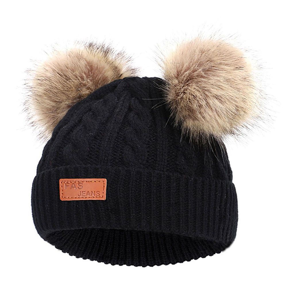 Boys Girls Pom Poms Hat Thick Warm Winter Soft Cotton Knitted Black