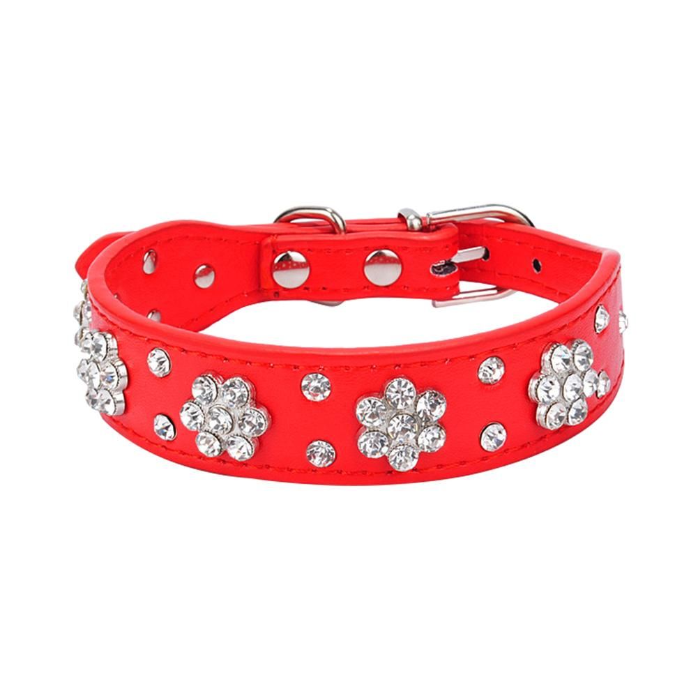 Adjustable Fashion Rhinestone Flower Faux Leather Pet-Red