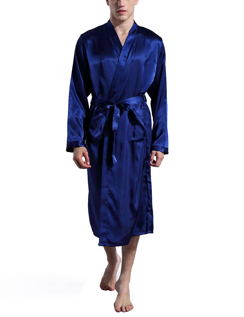Mens Plain Hip-Length Kimono Robe Short Bathrobe Sleepwear (Blue)