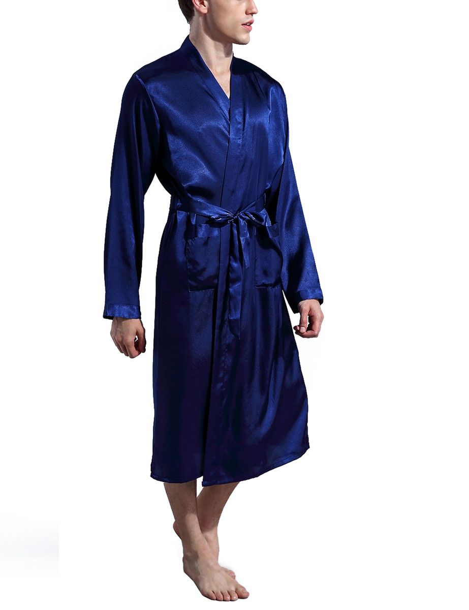 Mens Plain Hip-Length Kimono Robe Short Bathrobe Sleepwear (Blue)