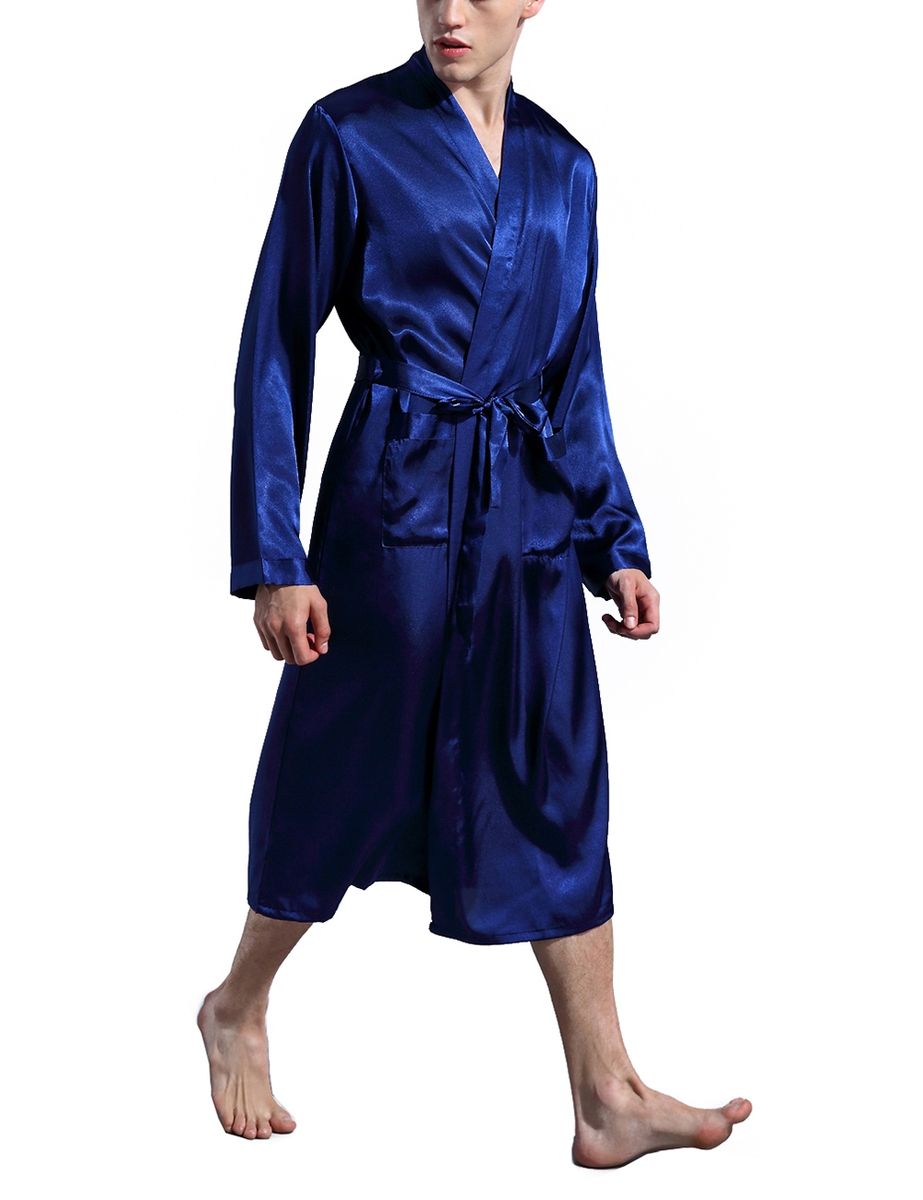 Mens Plain Hip-Length Kimono Robe Short Bathrobe Sleepwear (Blue)