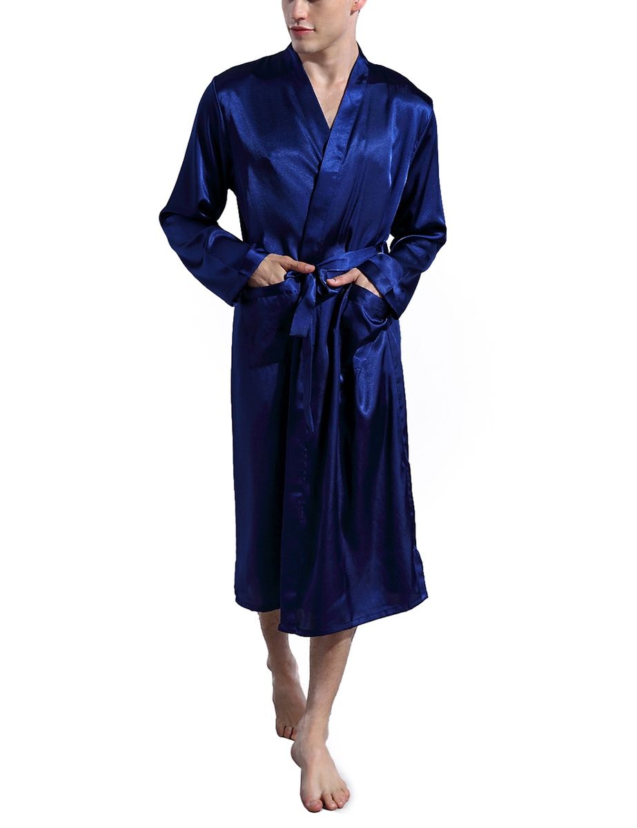 Mens Plain Hip-Length Kimono Robe Short Bathrobe Sleepwear (Blue)