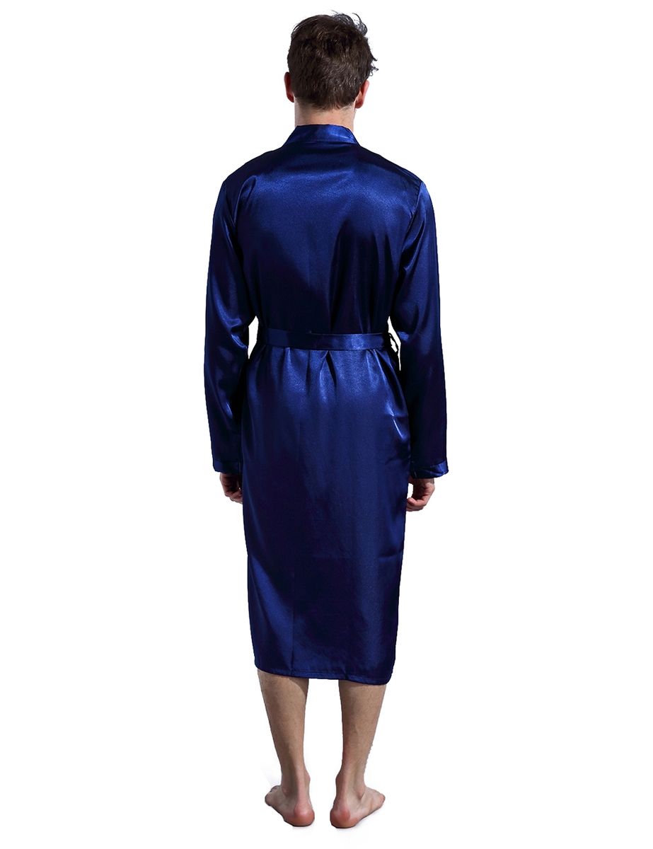 Mens Plain Hip-Length Kimono Robe Short Bathrobe Sleepwear (Blue)