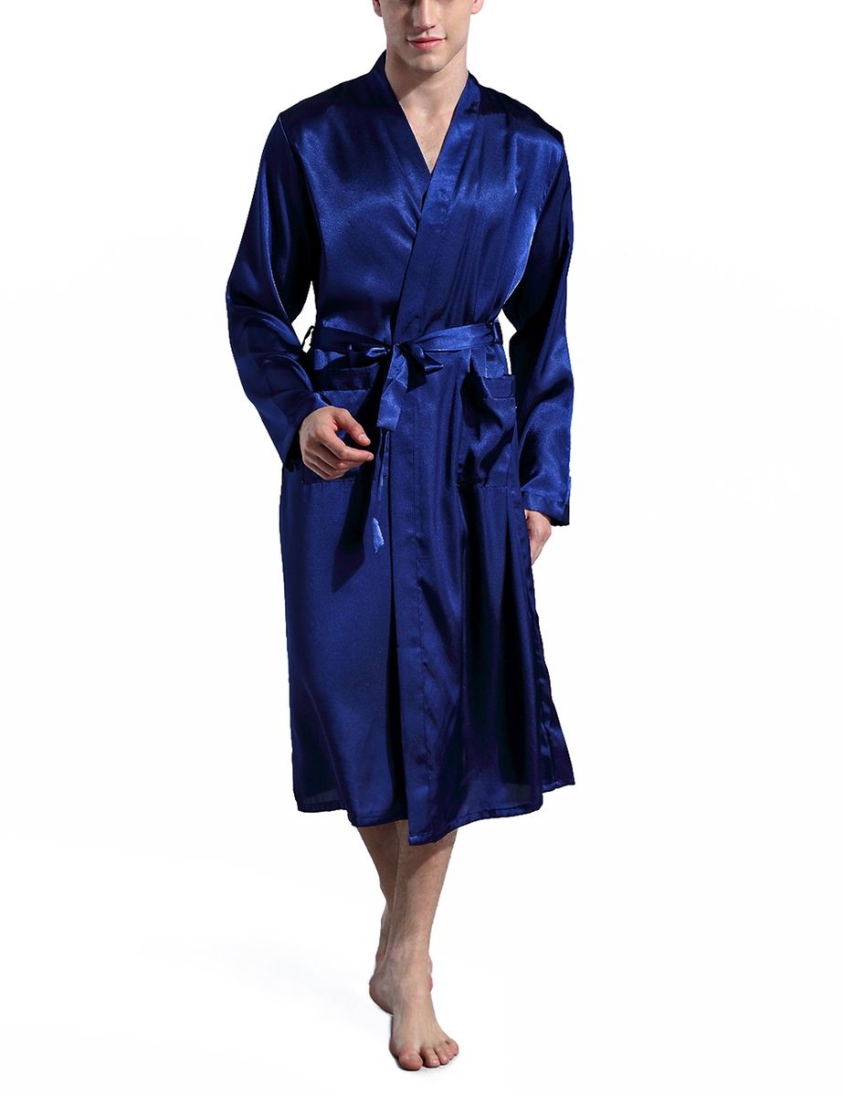 Mens Plain Hip-Length Kimono Robe Short Bathrobe Sleepwear (Blue)