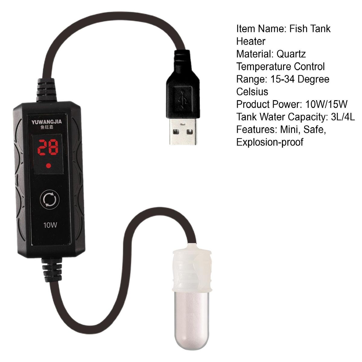 Aquarium Heating Rod Mini USB Submersible Aquarium Thermostat White
