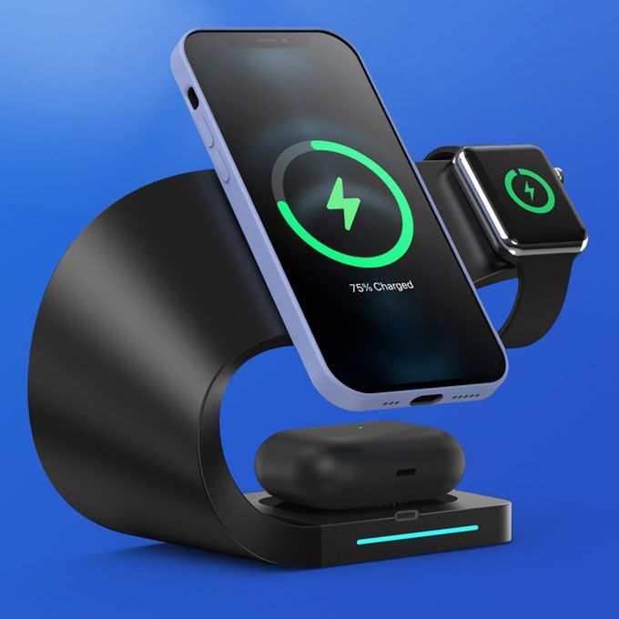 4IN1 Qi Wireless Charger Stand Charging Station Dock 15W Fast Black