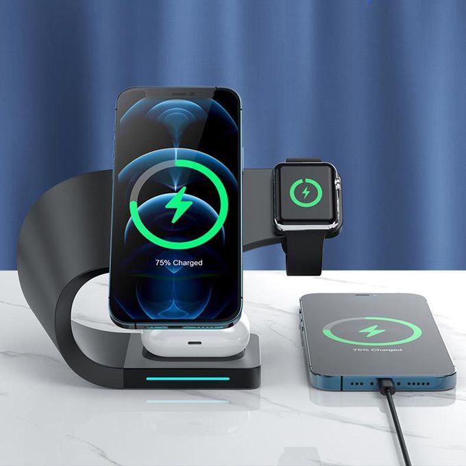 4IN1 Qi Wireless Charger Stand Charging Station Dock 15W Fast Black