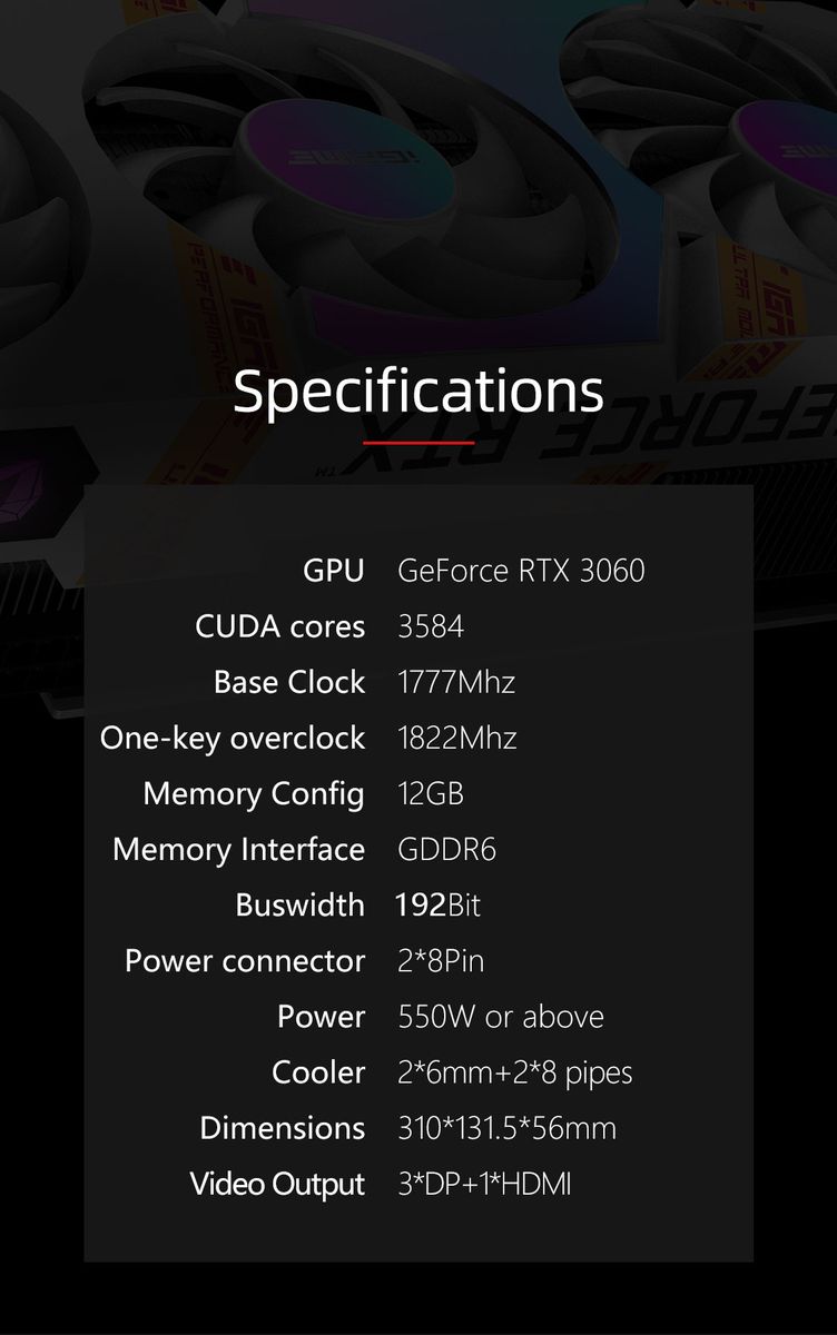 IGame GeForce RTX 3060 Ultra W Graphic Card 12GB GDDR6 Gaming Video Card RGB Computer GPU Support One-Key OC LHR