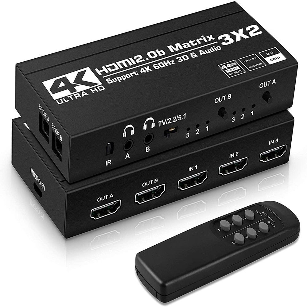 KuWFi 4K/60Hz HDMI Switch Remote 3x2 Switcher Dual Audio Extractor 2.0b Matrix Splitter For PS4/5 Xbox TV DVD HD Player