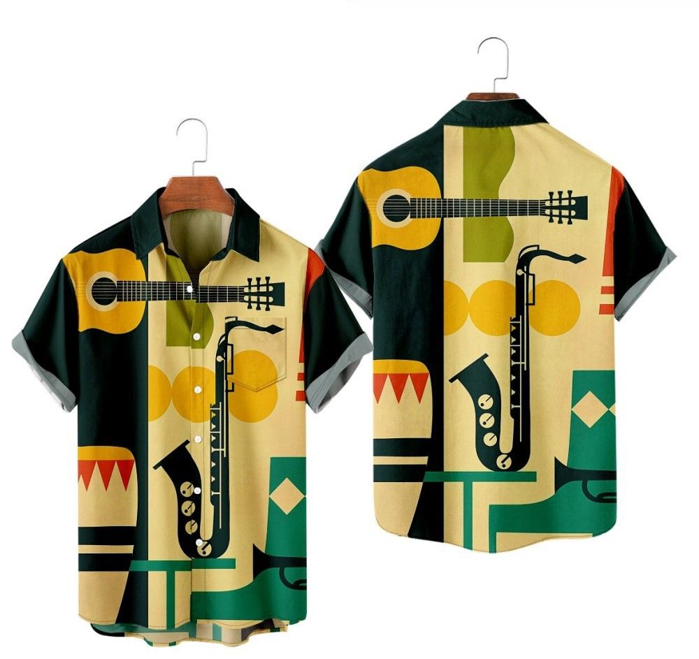Men Vibrant Printed Shirt Vintage Casual Style Short Sleeve Blouse