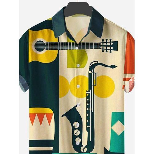 Men Vibrant Printed Shirt Vintage Casual Style Short Sleeve Blouse