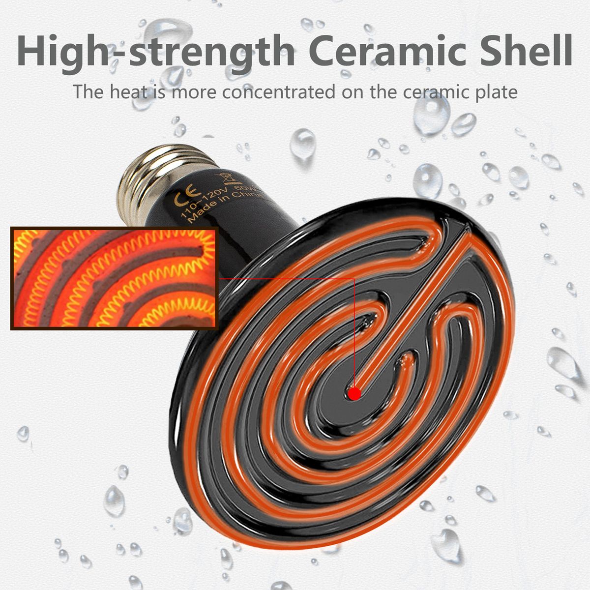 200W 220V Reptile Heat Lamp, Infrared Waterproof Ceramic