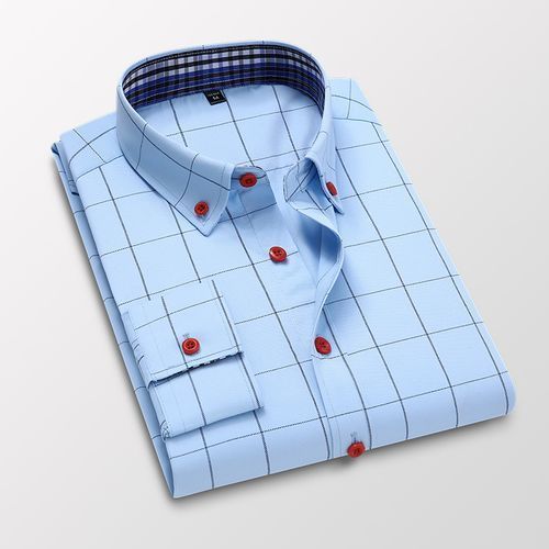2 IN 1 M-5XL Mens Business Formal Wear Office Shirt Plaid Casual Wear 2 Pieces Blue+Blue