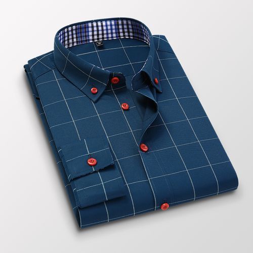 2 IN 1 M-5XL Mens Business Formal Wear Office Shirt Plaid Casual Wear 2 Pieces Blue+Blue