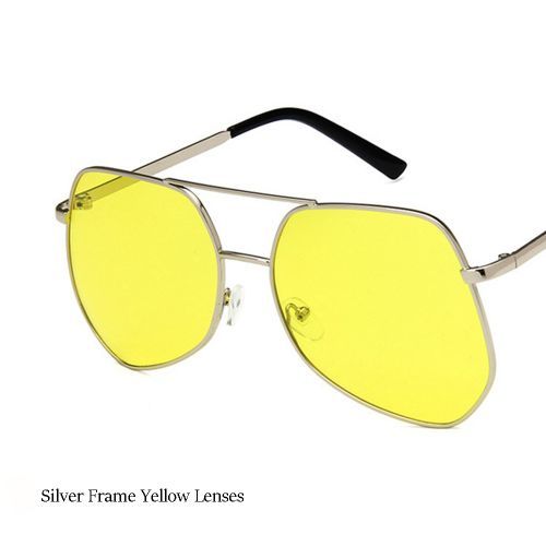 Metal Silver Big Frame Sunglasses Polygonal Reflective Yellow Lens