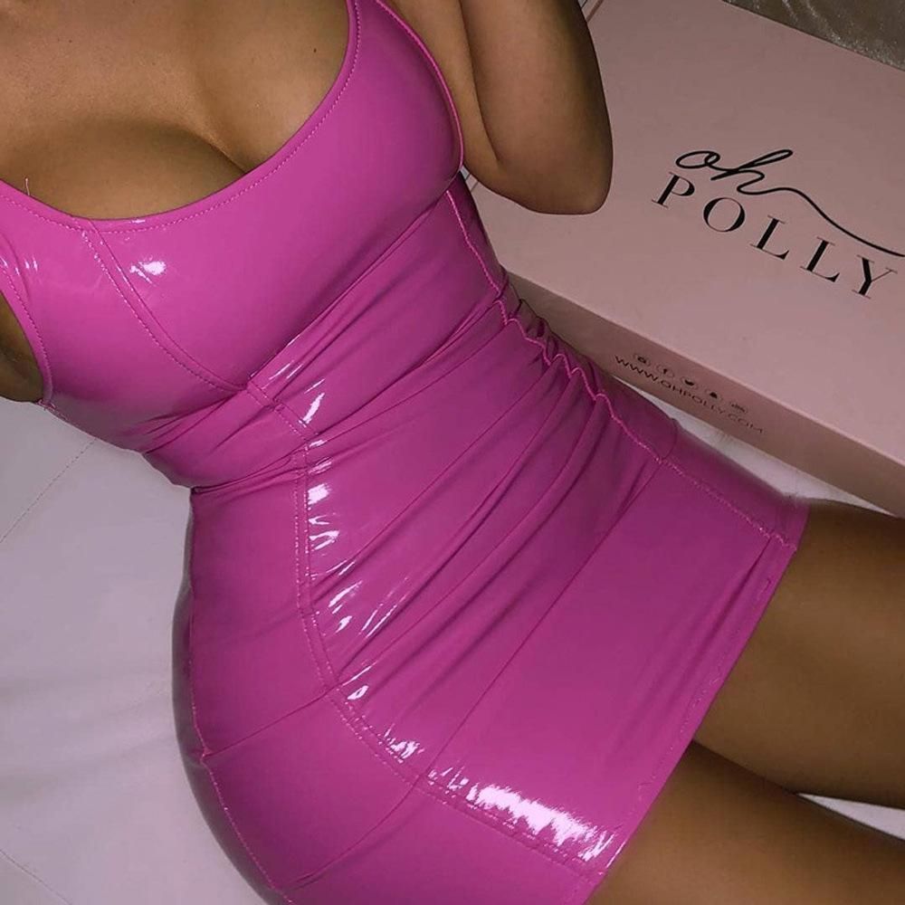 Nightclub Party Network Red Sexy Sleeveless Wrap Hip Dress Faux Leather Zipper PU High Elastic Round