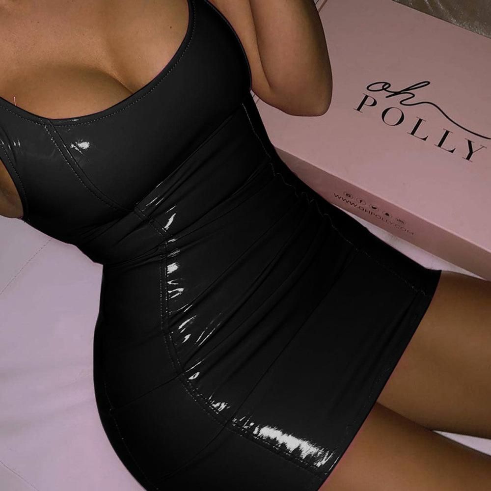 Nightclub Party Network Red Sexy Sleeveless Wrap Hip Dress Faux Leather Zipper PU High Elastic Round