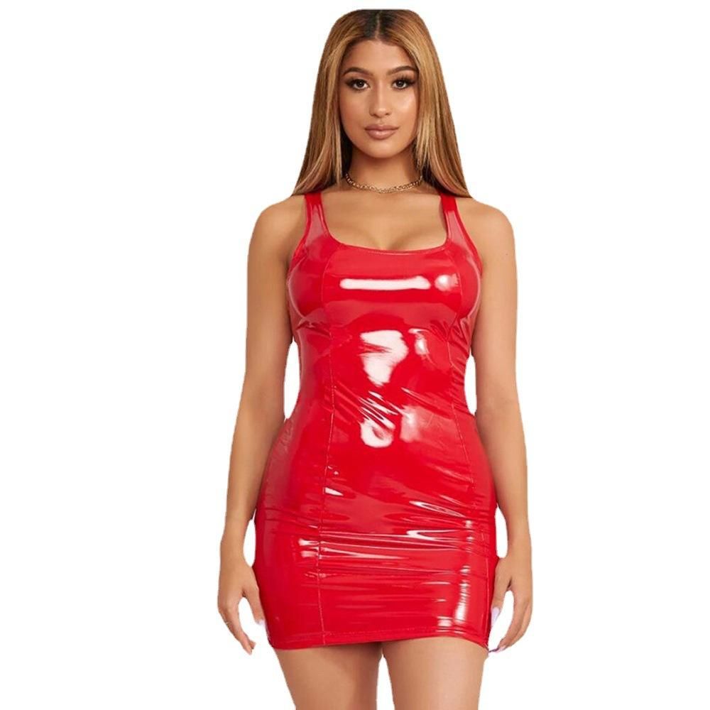 Nightclub Party Network Red Sexy Sleeveless Wrap Hip Dress Faux Leather Zipper PU High Elastic Round