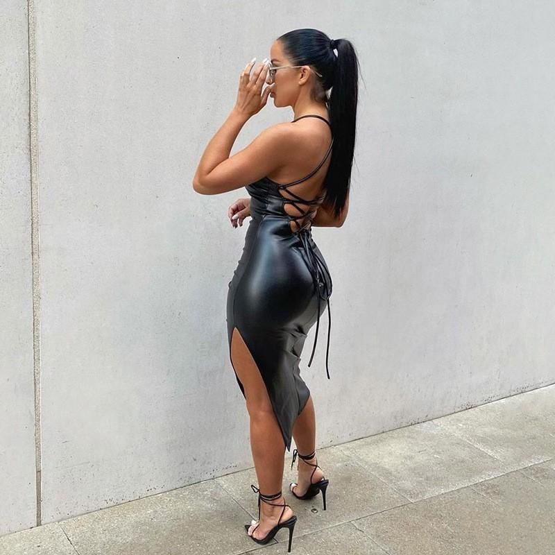 New PU Leather Night Shop Style Sexy Open Back Strap Solid Color Personalized Split Strap Dress