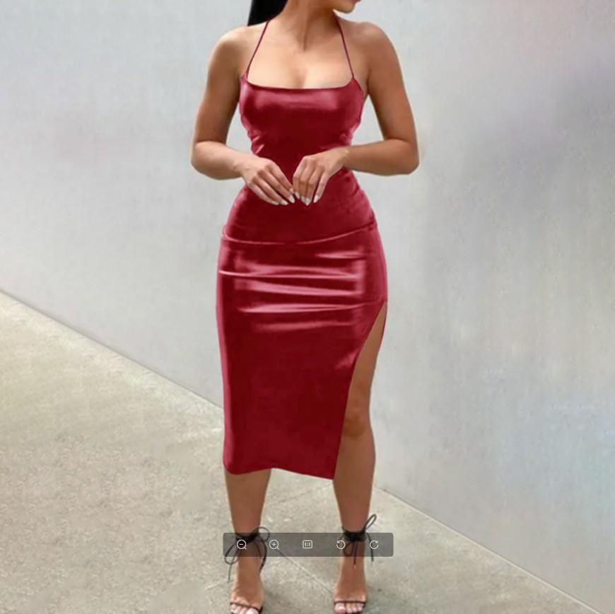 New PU Leather Night Shop Style Sexy Open Back Strap Solid Color Personalized Split Strap Dress