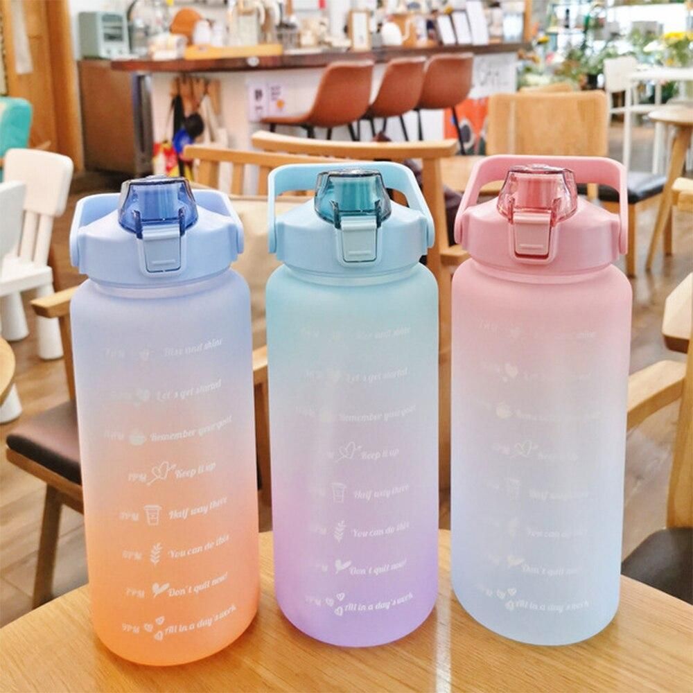 2L/1L Water Bottle With Straw Time Marker Plastic Travel Water Cup Gradient Color Large Capacity Frosted Outdoor Sports Bottles