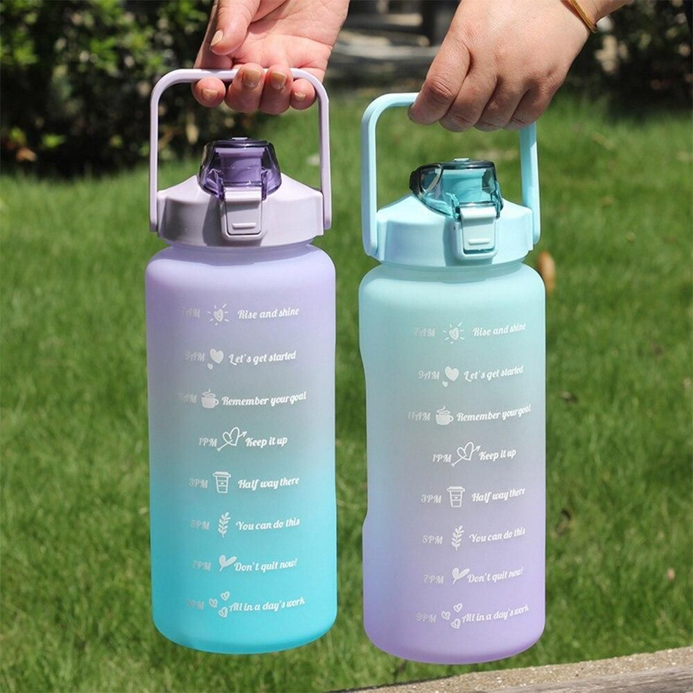 2L/1L Water Bottle With Straw Time Marker Plastic Travel Water Cup Gradient Color Large Capacity Frosted Outdoor Sports Bottles
