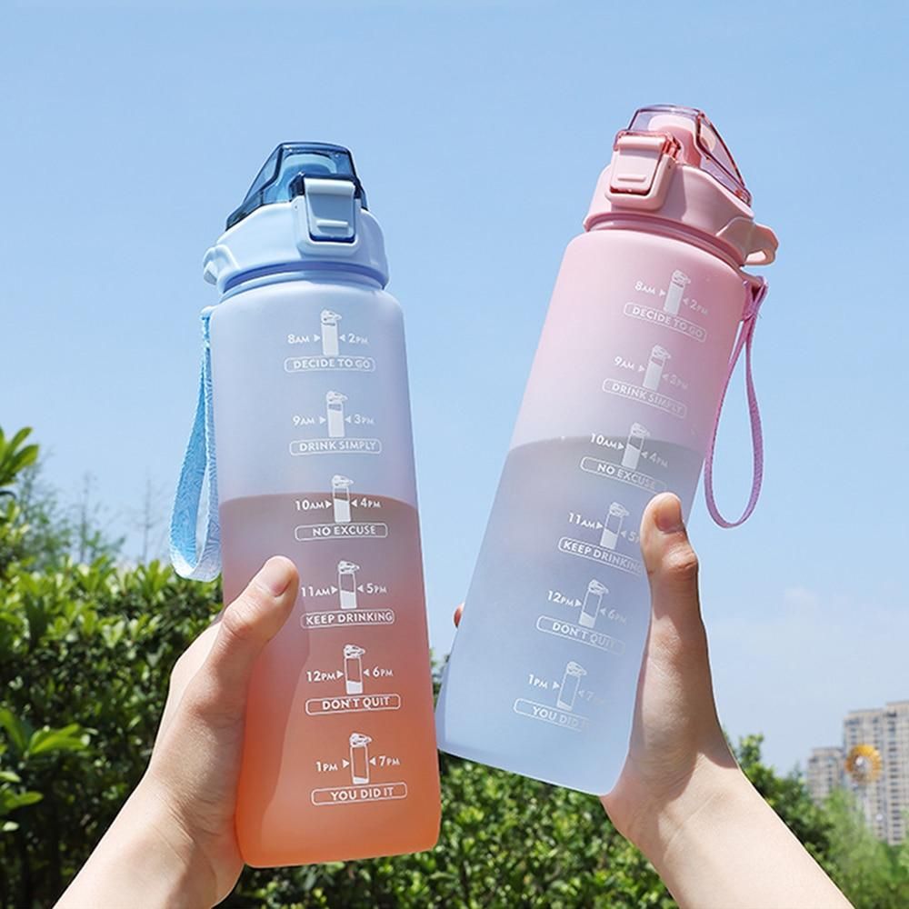 2L/1L Water Bottle With Straw Time Marker Plastic Travel Water Cup Gradient Color Large Capacity Frosted Outdoor Sports Bottles
