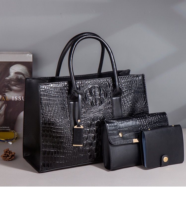 3Set Ladies Trendy Fashion Shoulder Leather Handbag - Black