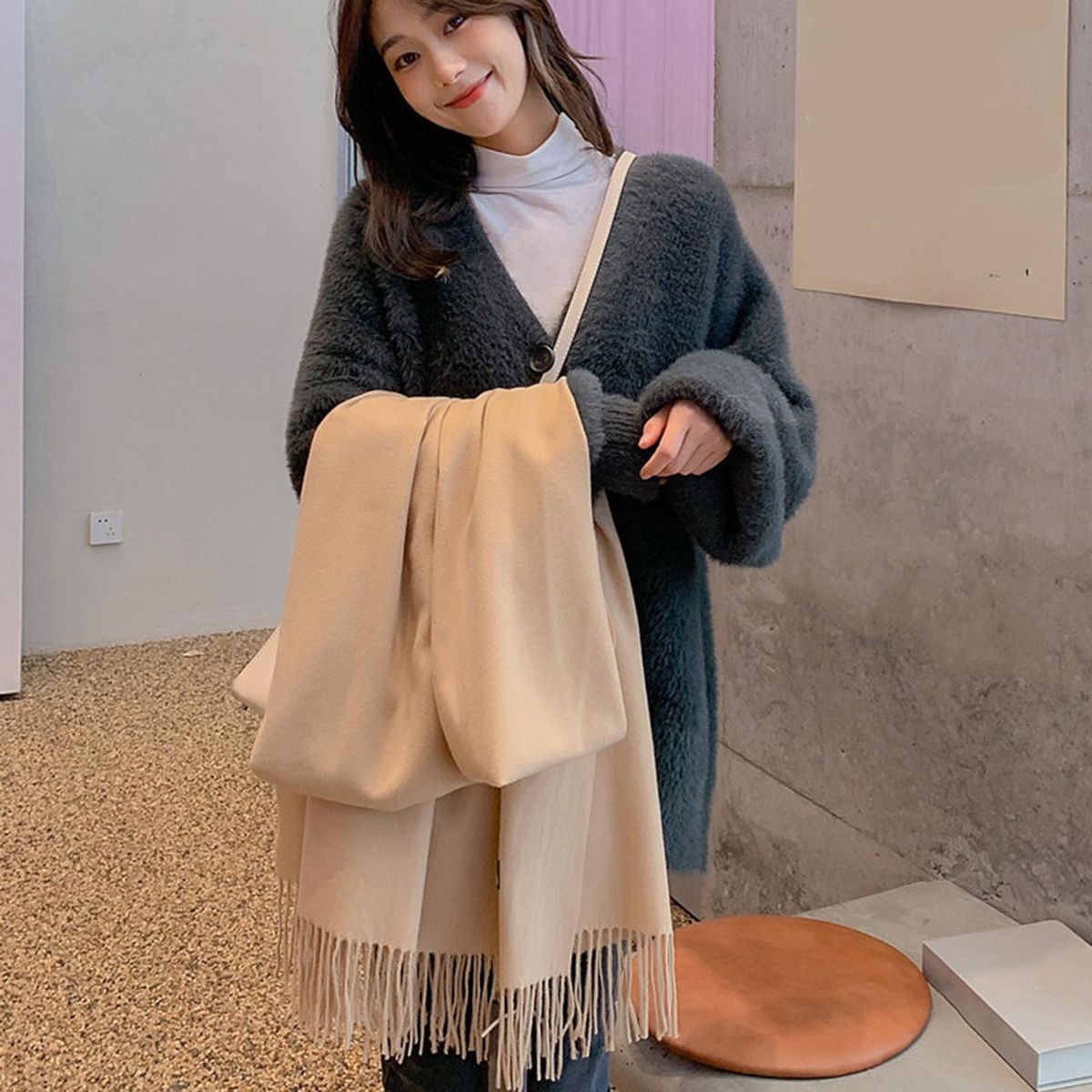 Shawl Wrap Plain Fringed Tassels Comfortable Soft-Beige