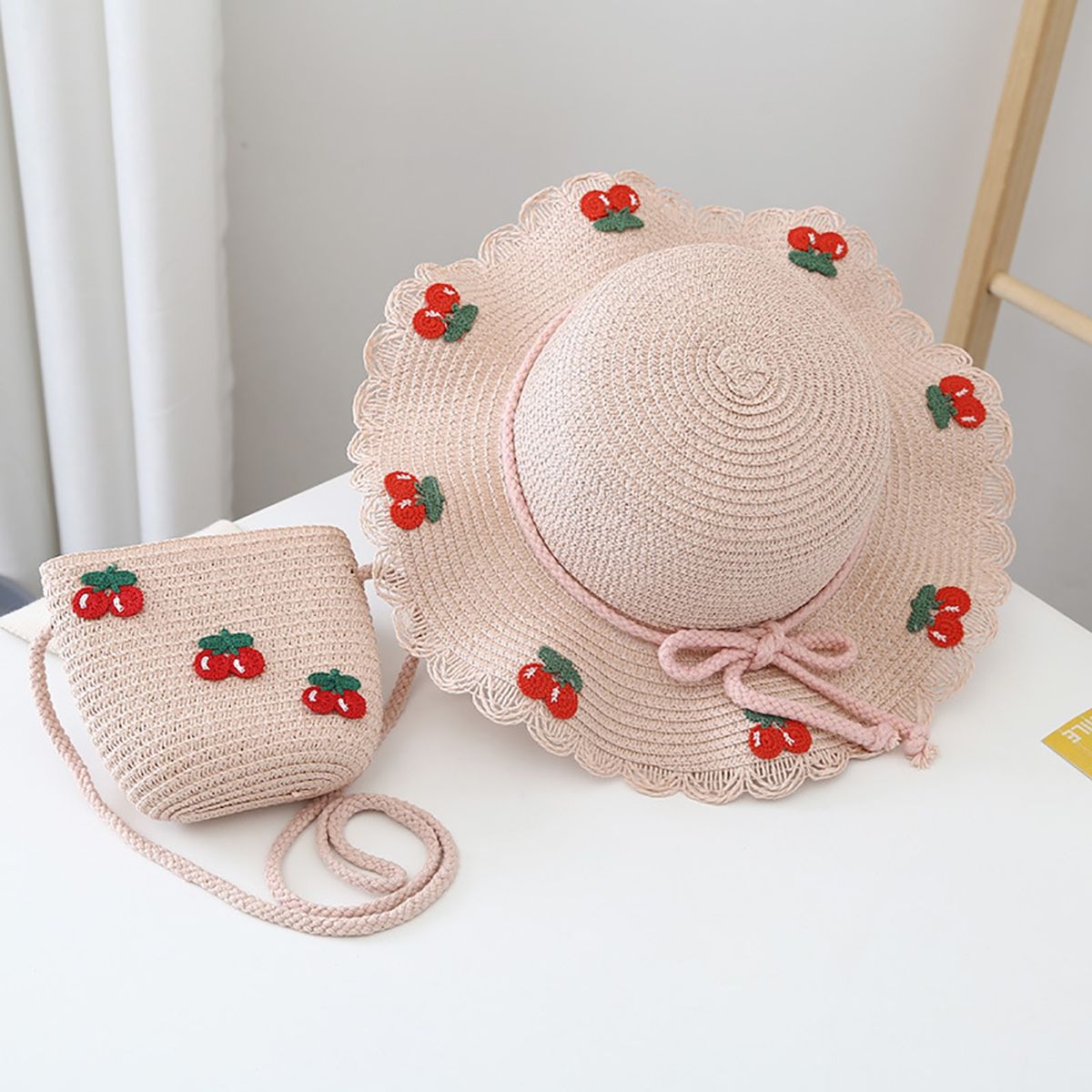 Hat Bag Set Baby Girls Breathable Straw Hat Handbag Pink