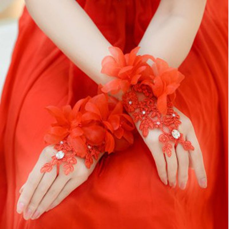 Red Beige Bridal Gloves Wedding Gloves Short Design Flower