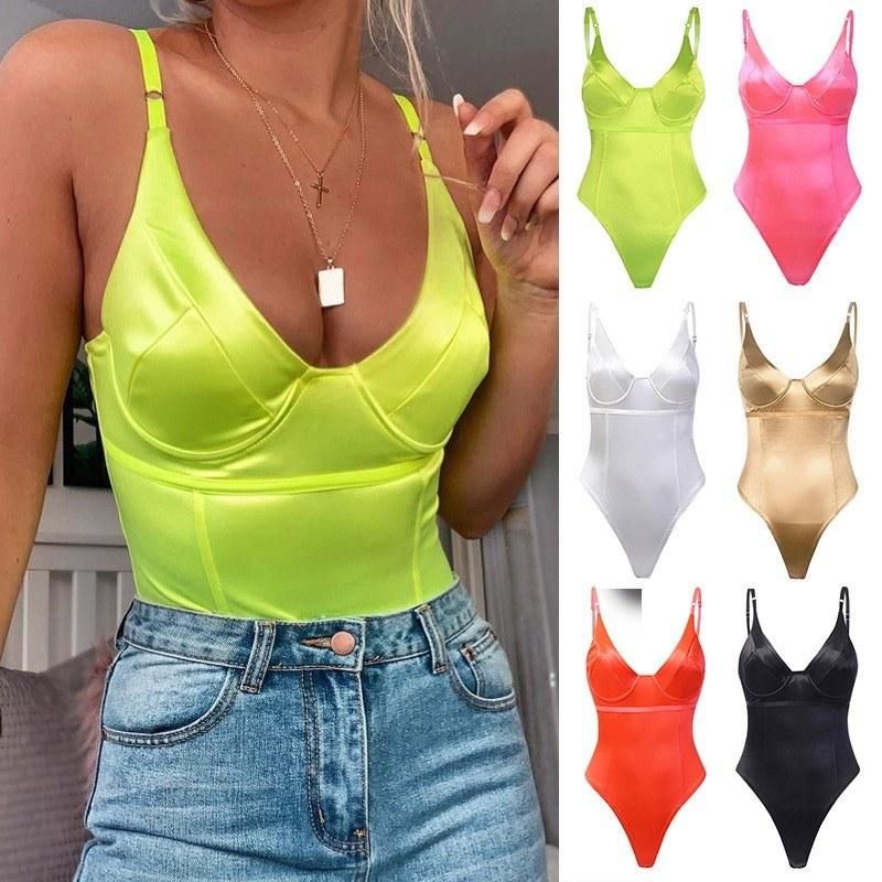 Women Sexy Bodysuit Deep V Neck Backless Spaghetti Strap Solid Bodycon Club Jumpsuit Body Top