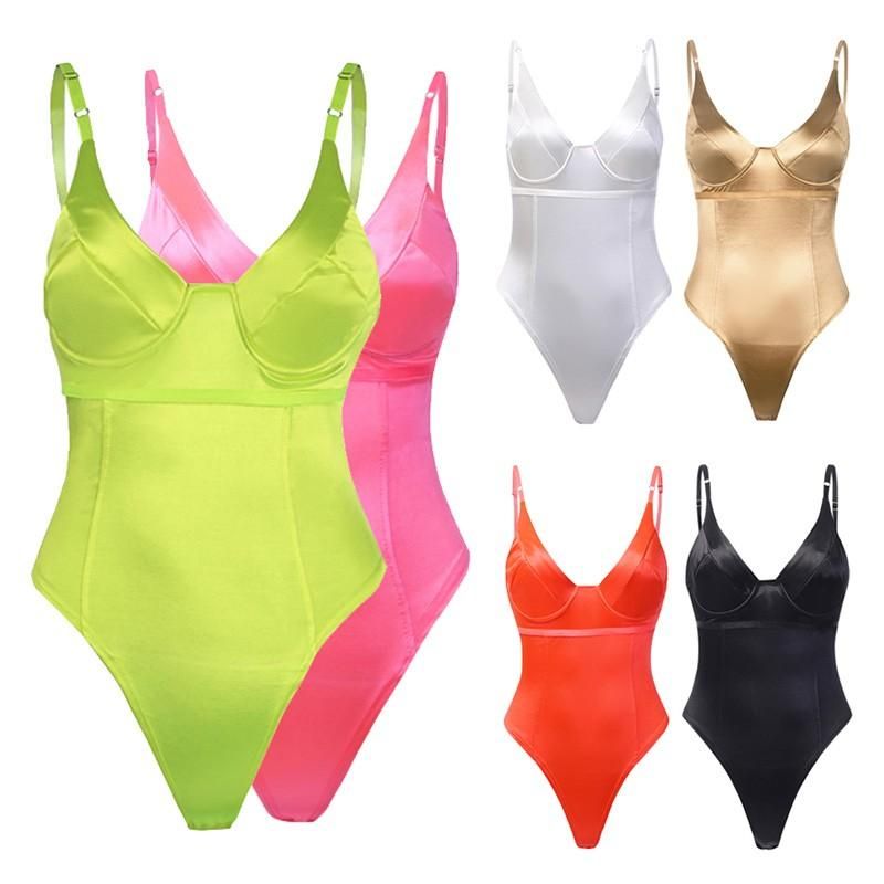 Women Sexy Bodysuit Deep V Neck Backless Spaghetti Strap Solid Bodycon Club Jumpsuit Body Top