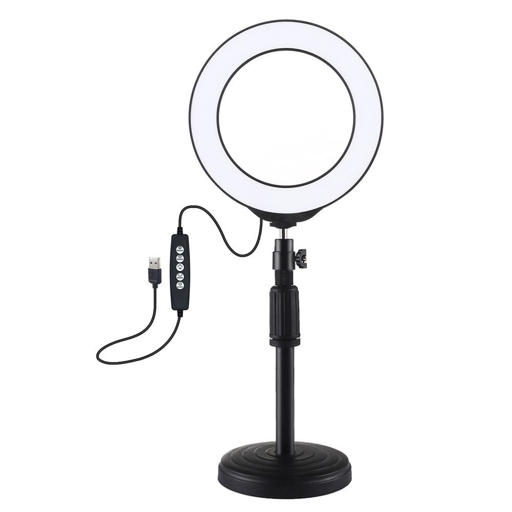 PULUZ 6.2 inch 160mm USB 10 Modes 8 Colors RGBW Adjustable Dimmable LED Round Rings Vlogging Photography Lamp Video Lights + Round Base Desktop Mount with Cold Shoe Tripod BallHead (Black) PKT3047