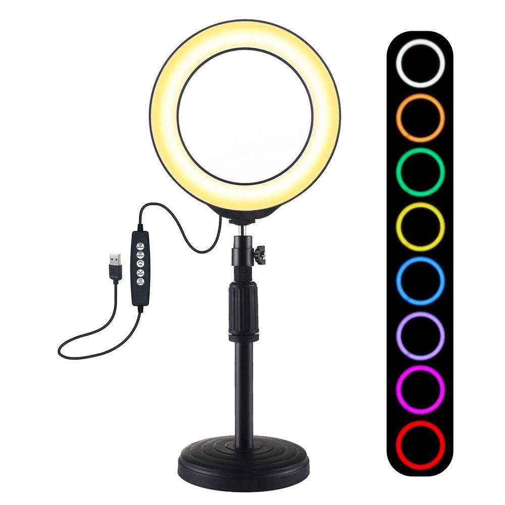 PULUZ 6.2 inch 160mm USB 10 Modes 8 Colors RGBW Adjustable Dimmable LED Round Rings Vlogging Photography Lamp Video Lights + Round Base Desktop Mount with Cold Shoe Tripod BallHead (Black) PKT3047
