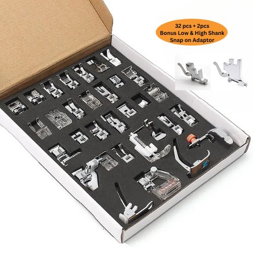 High Quality 32 Pieces Presser Foot Set + Low & High Shank Snap On Adapters / Holders