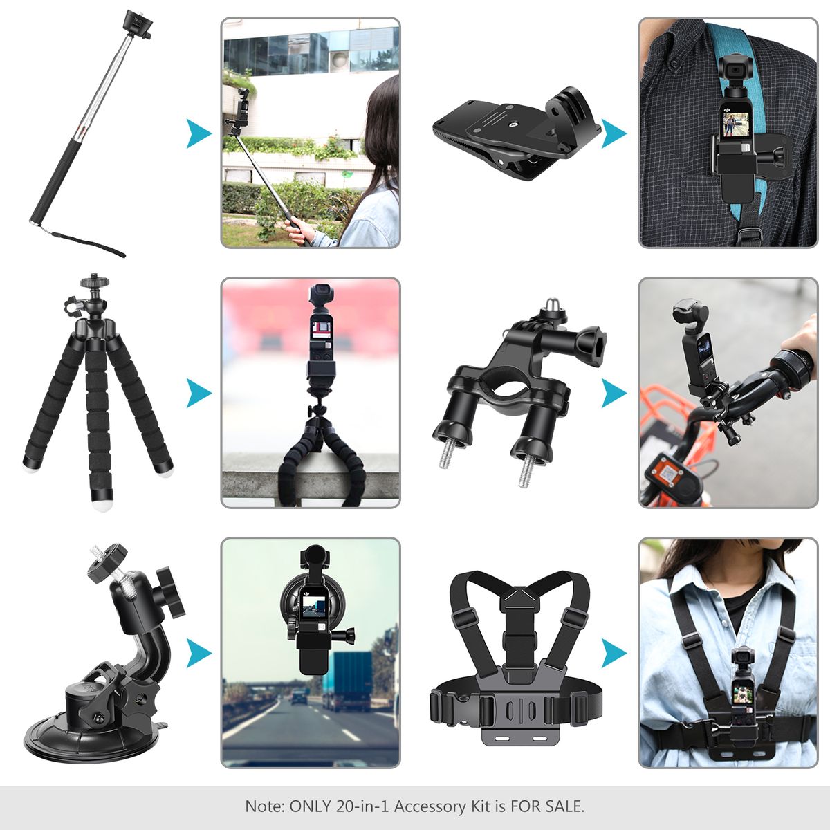 20-in-1 Expansion Accessory Kit For Osmo Pocket Handheld Camera: Chest Strap, Bike Mount, Backpack Clip, Flexible Tripod, Car Suction Cup, Selfie Stick For Skiing Skating Running Bicycling