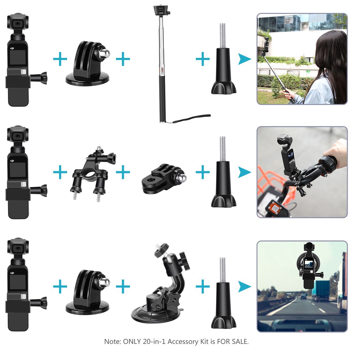 20-in-1 Expansion Accessory Kit For Osmo Pocket Handheld Camera: Chest Strap, Bike Mount, Backpack Clip, Flexible Tripod, Car Suction Cup, Selfie Stick For Skiing Skating Running Bicycling