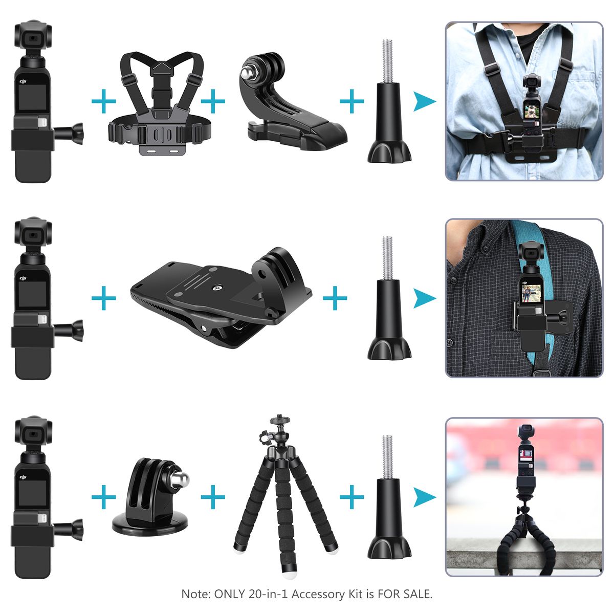 20-in-1 Expansion Accessory Kit For Osmo Pocket Handheld Camera: Chest Strap, Bike Mount, Backpack Clip, Flexible Tripod, Car Suction Cup, Selfie Stick For Skiing Skating Running Bicycling