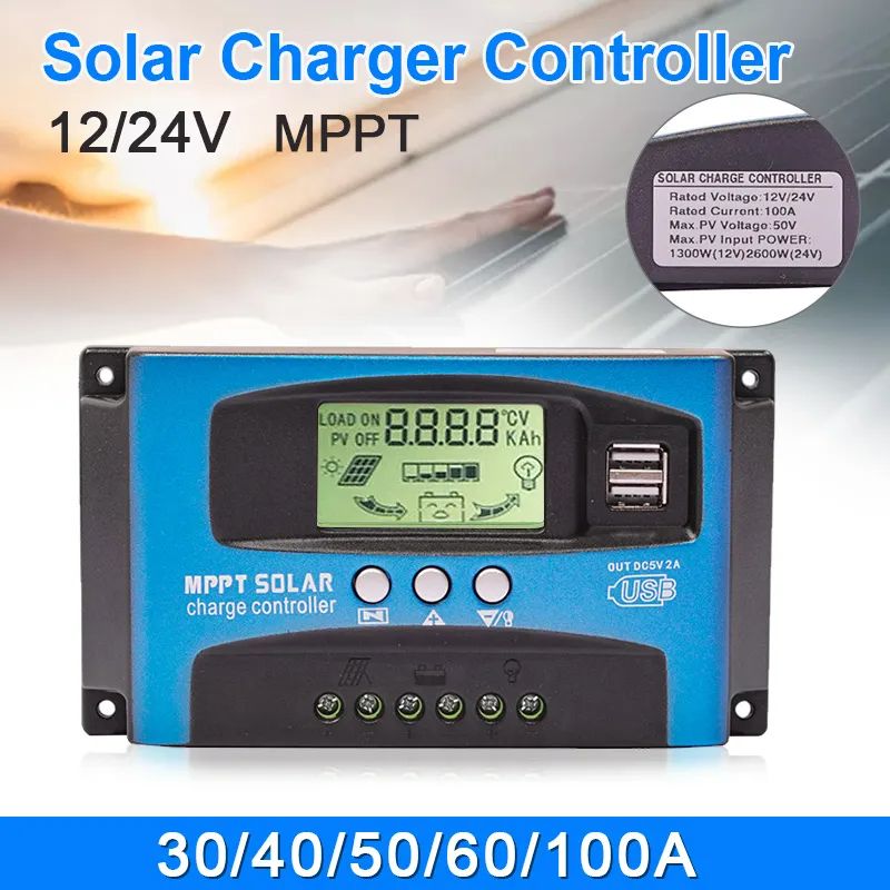30/40/50/60/100A MPPT Solar Charge Controller LCD Display 12V/24V Dual USB Car Solar Cell Panel Charger Regulator With Load