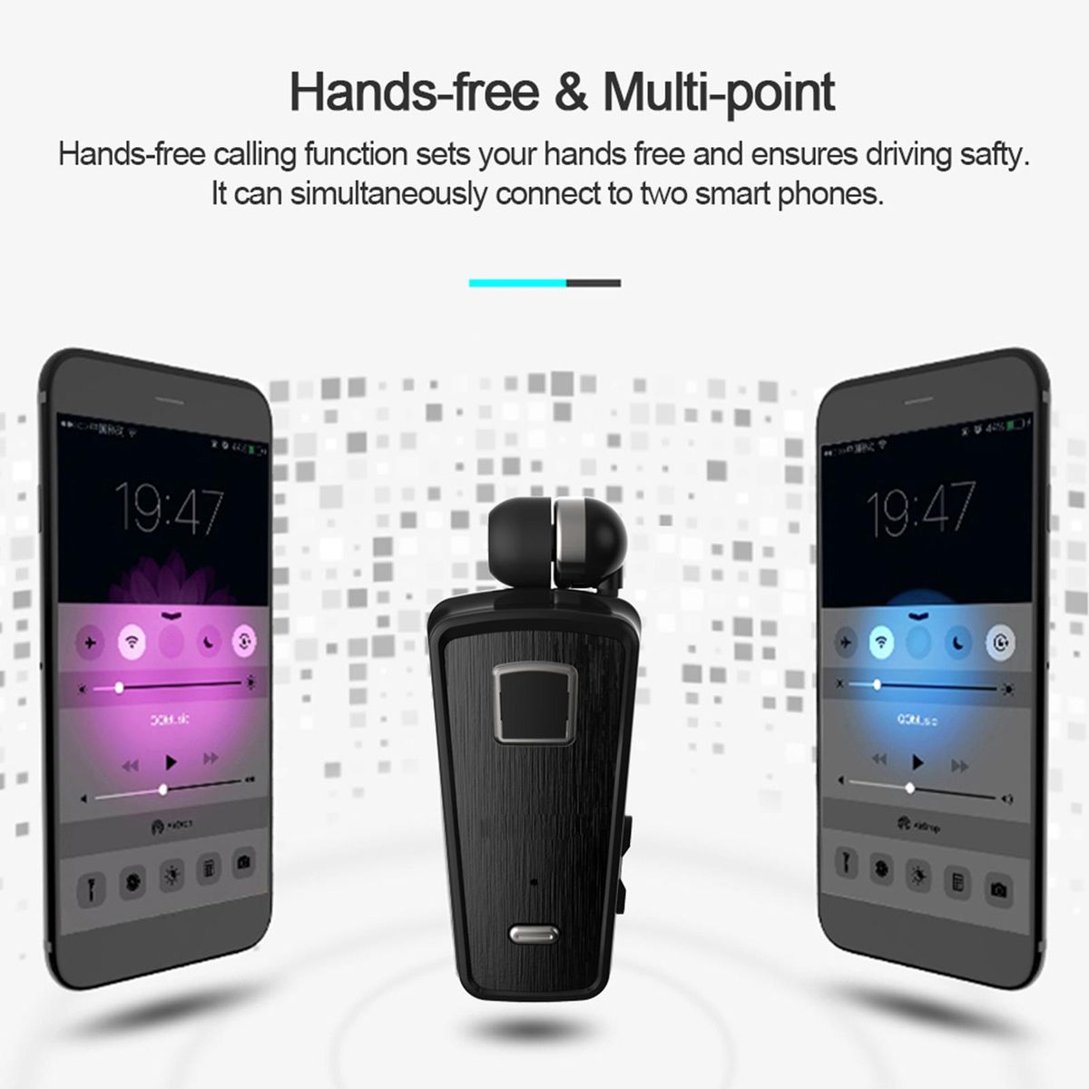 Fineblue F980 Clip-on Bluetooth 4.0 Headphones Cable Retractable Earphone Stereo Music Headsets Vibration Alert Hands-free w/ Microphone Multi-point Connection