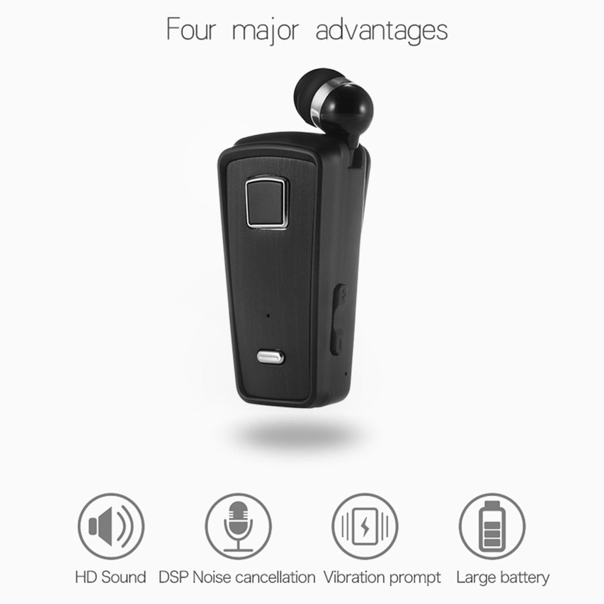 Fineblue F980 Clip-on Bluetooth 4.0 Headphones Cable Retractable Earphone Stereo Music Headsets Vibration Alert Hands-free w/ Microphone Multi-point Connection