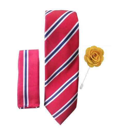 Men's Striped Tie With Pocket Square And Gold Lapel Pin