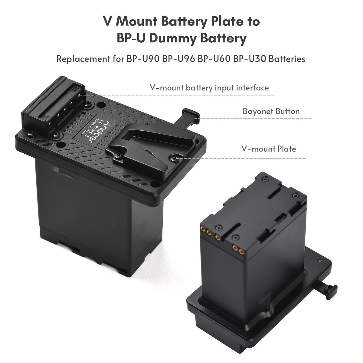 Andoer V-Lock V Mount Battery Plate to BP-U Dummy Battery Adapter Built-in Battery Decode Chip Replacement for BP-U90 BP-U96 BP-U60 BP-U30 Batteries Replacement for Sony PMW-100   PMW-150 PMW-160 PMW-200 PMW-300 PMW-EX1 EX160