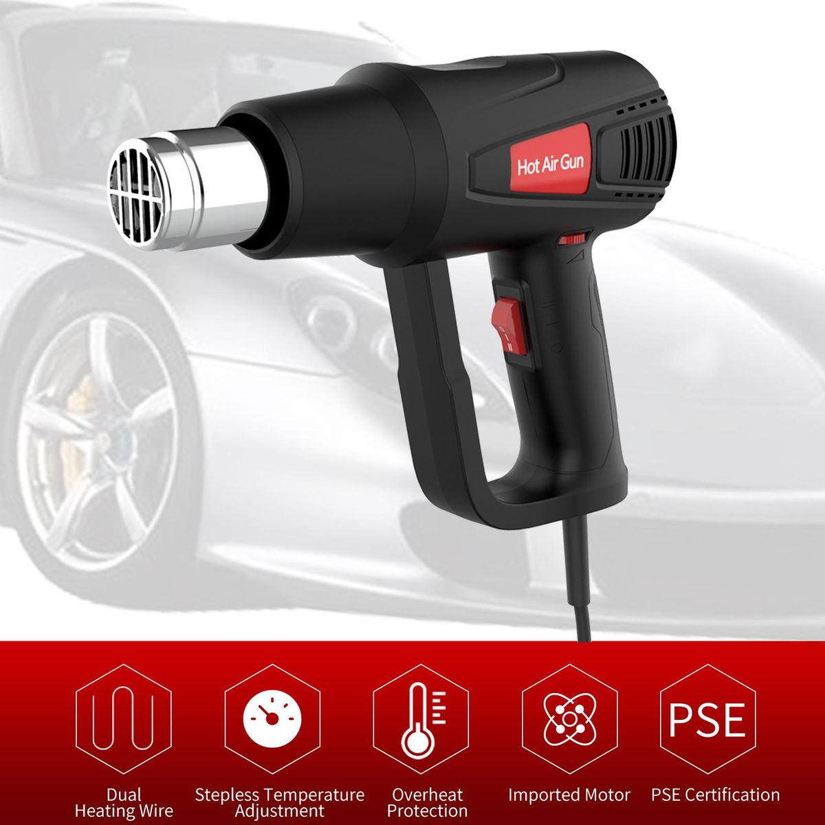 Heat Gun 2000W Variable Temperature Settings  120°F~1200°F (50°C~650°C)Heavy Duty Hot Air Gun Kit  with 2 Air Volume Setting, with 5 Nozzles for Crafts, Shrinking PVC, Stripping Paint